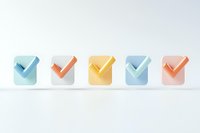 Colorful checkmark icons in pastel blue, coral, yellow arranged in row on white background, minimal design style for apps and digital interfaces.