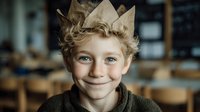 Young blonde boy wearing paper crown smiling at camera in classroom setting. Child king costume for educational play, school drama, creative learning activities.