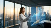 Professional businesswoman analyzing holographic financial data charts in modern office with city skyline view during golden hour sunset.