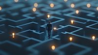 Businessman walking through glowing maze path with illuminated lights, representing business challenges, decision making and finding solutions in complex situations.