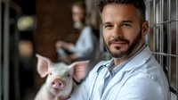 Middle-aged Caucasian veterinarian in white coat smiling confidently with pink pig in modern clinic. Professional animal healthcare and farming concept.