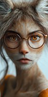 Creative portrait combining feline features with round glasses and amber eyes, showcasing unique artistic manipulation in soft, warm tones. For fantasy and creative advertising.