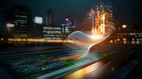 Glowing digital wave floating above financial data dashboard with streaming numbers and city lights in background, representing artificial intelligence in finance.