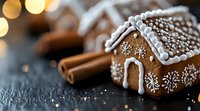 Festive gingerbread house with white icing snowflake decorations and cinnamon sticks on dark background with golden bokeh lights, holiday baking tradition.