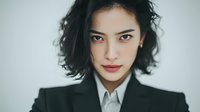 Professional Asian businesswoman in formal black suit with confident expression and short dark hair against neutral background for corporate use.