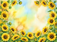 Watercolor sunflower frame border with yellow blooms and green leaves on a soft blue and yellow background, perfect for cards and invitations.