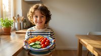 Happy young boy with curly hair holding plate of fresh vegetables in modern kitchen. Healthy eating concept for children and family nutrition education.