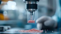 Laboratory research equipment with pink granular powder being analyzed under precision instrument in scientific testing facility. Modern pharmaceutical study.