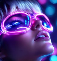Young woman wearing glowing neon sunglasses in pink and blue lights, close-up profile view showing glossy lips and luminous skin against bokeh background.