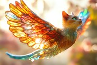 Magical winged cat with glowing orange and gold feathers soars through ethereal light, combining feline grace with majestic bird-like features in a fantasy composition.
