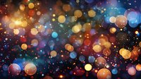 Magical glowing bokeh lights on dark background with blue and golden sparkles creating dreamy atmospheric effect. Blurred circles pattern for festive design.