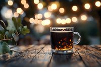 Glass mug filled with dark tea on rustic wooden table against blurred warm bokeh lights background, cozy evening atmosphere for social media content.
