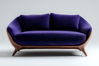 Modern curved sofa with deep purple velvet upholstery and sculptural wooden base frame on white background, luxury furniture piece for contemporary interior design.
