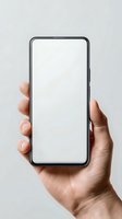 Hand holding modern smartphone with blank white screen against neutral background, perfect for app or website mockup presentation.