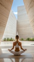 Young woman in white sportswear practicing yoga meditation in lotus position against modern minimalist architecture with high concrete walls and blue sky.