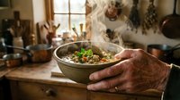 Elderly hands holding bowl of hearty stew in rustic kitchen with herbs and traditional cooking utensils creating warm homestyle atmosphere.
