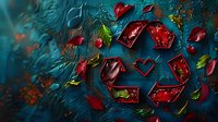 Red recycle symbol made of broken glass shards with scattered rose petals and green leaves on dark turquoise textured background with water drops.