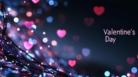 Romantic Valentine's Day background with glowing pink hearts and blue bokeh lights on dark backdrop, dreamy abstract holiday design with blurred sparkles and text space.