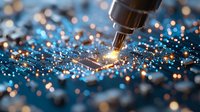 Macro shot of electronic circuit board with soldering iron tip creating bright sparks and bokeh effect against blue technological background.