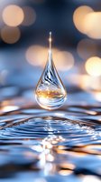 Water drop suspended in air with golden bokeh lights and rippled surface reflection creating magical atmosphere for wellness and spa concepts.