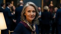 Senior Caucasian businesswoman with gray hair smiling confidently at corporate networking event with colleagues in background discussing business matters.