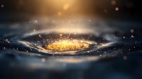 Magical golden light spiral with glowing particles and bokeh effects on dark background, creating mystical galaxy-like formation for cosmic designs.
