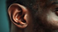 Close-up of African American male ear against teal background, showing detailed skin texture and natural ear anatomy for medical or educational content.