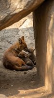 Red fox mother nursing cubs in rocky den cave shelter showing maternal care and wildlife family bonding in natural stone habitat environment.