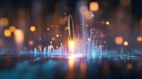 Glowing futuristic city skyline with neon blue and orange lights reflecting on water surface, digital wave frequency visualization in dark background.
