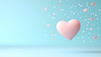 Pink heart floating in soft blue pastel background with small scattered hearts creating romantic atmosphere, love concept for valentines day and wedding designs.