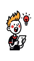 Cartoon character with blonde hair reading tablet with lightbulb idea moment, simple line drawing style on white background for educational or business concepts.