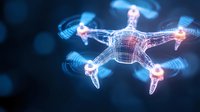 Glowing wireframe drone with illuminated propellers and digital mesh structure on dark blue background, suitable for technology and innovation concepts.