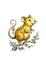Golden mouse with ornamental patterns standing among flowering branches, isolated on white background for clipart, t-shirt design, and decorative applications.