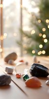 Healing crystals and mineral stones arranged on wooden surface with soft bokeh lights and Christmas tree in background, creating spiritual atmosphere.