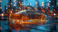 Glowing wireframe sports car on reflective surface with bokeh city lights in background creates futuristic technological atmosphere in orange and blue tones.