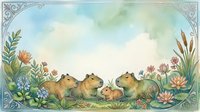 Adorable capybara family with baby in decorative floral frame on watercolor background. Cute rodent animals surrounded by botanical elements and ornate border.