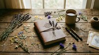 Rustic leather journal surrounded by dried wildflowers, a cup of tea, and twine on a wooden table by a window.