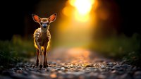 Young fawn standing alone on forest path at golden sunset, backlit by warm sunlight creating magical atmosphere with bokeh effect and shallow depth of field.
