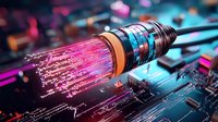 Glowing fiber optic cable with pink and blue light streams emerging from connector against electronic circuit board background in futuristic technology concept.