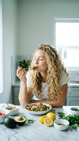 Young blonde woman with curly hair enjoying fresh healthy salad in modern kitchen with natural light and green ingredients on marble counter.
