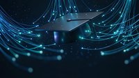 Abstract blue fiber optic cables with glowing light particles creating futuristic network connections on dark background for technology concepts.
