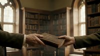 Two hands exchanging an old leather-bound book in historic library with wooden shelves and arched windows. Knowledge transfer, education, literature concept.