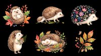 Cute watercolor hedgehog clipart set with autumn leaves, flowers, and berries, isolated on transparent background. Great for stickers, t-shirt design, and print on demand.