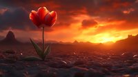 Solitary red tulip blooming in barren landscape against dramatic fiery sunset sky with mountain silhouettes, symbolizing hope and resilience in harsh conditions.