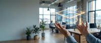 Professional businessman hands interacting with holographic digital interface technology in modern office workspace for business innovation and futuristic solutions.