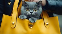 Gray British Shorthair kitten with bright orange eyes peeking out from a vibrant yellow leather handbag, creating a cute contrast for pet lifestyle content.