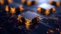 Glowing microchip on dark circuit board with golden light effects and bokeh. Modern computer processor technology concept for digital innovation and AI computing.