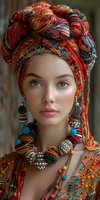 Young woman wearing vibrant multicolored turban headwrap, ethnic statement necklace and earrings with turquoise and coral accents against blurred background.