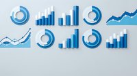 Blue business charts and graphs collection with bar charts, pie charts, and line graphs isolated on transparent background for presentations.