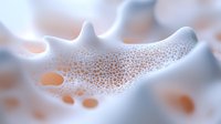 Microscopic view of cellular structure with orange glowing spots on white surface showing biological membrane texture and organic patterns in soft focus.